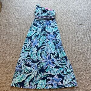 Lilly Pulitzer Navy Blue Tropical Floral One-Shoulder Maxi Dress